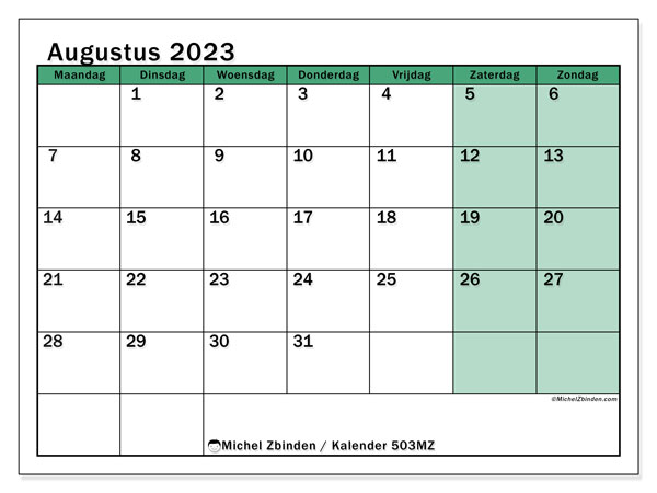 Kalender augustus 2023, 503MZ. Gratis afdrukbaar programma.