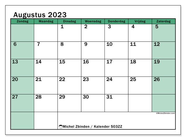 Kalender augustus 2023, 503ZZ. Gratis afdrukbaar programma.