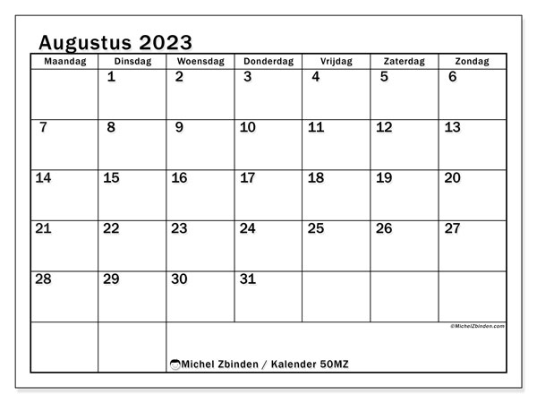 50MZ, kalender augustus 2023, om af te drukken, gratis.