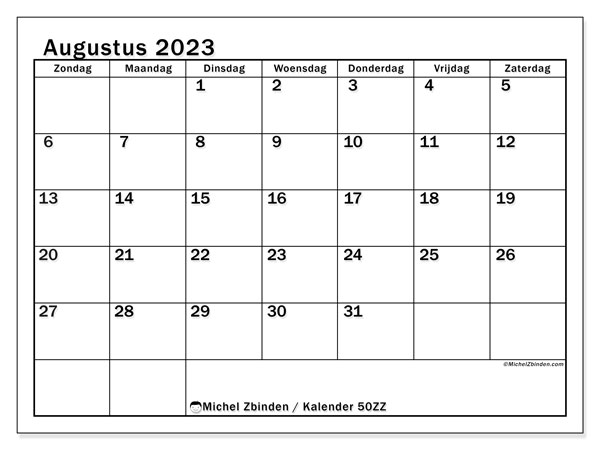 Kalender om af te drukken, augustus 2023, 50ZZ