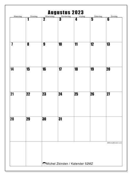 Kalender augustus 2023 om af te drukken. Maandkalender “52MZ” en gratis printbare agenda