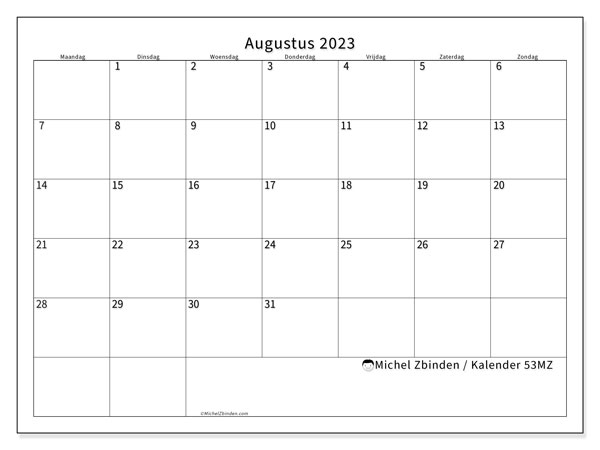 Kalender om af te drukken, augustus 2023, 53MZ