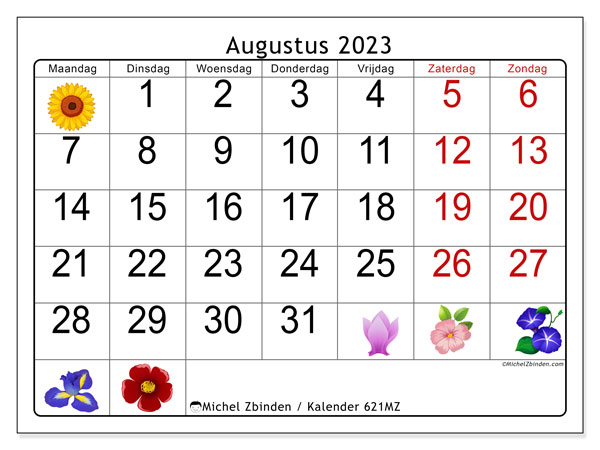 Kalender om af te drukken, augustus 2023, 621MZ