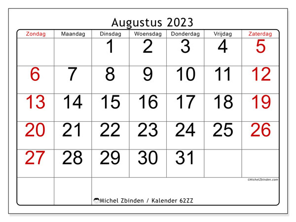 Kalender augustus 2023, 62ZZ. Gratis afdrukbaar programma.