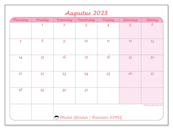 Kalender augustus 2023, 63MZ. Gratis afdrukbaar programma.