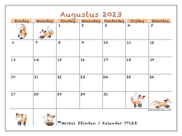 Kalender om af te drukken, augustus 2023, 771ZZ