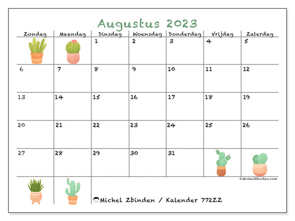 Kalender om af te drukken, augustus 2023, 772ZZ