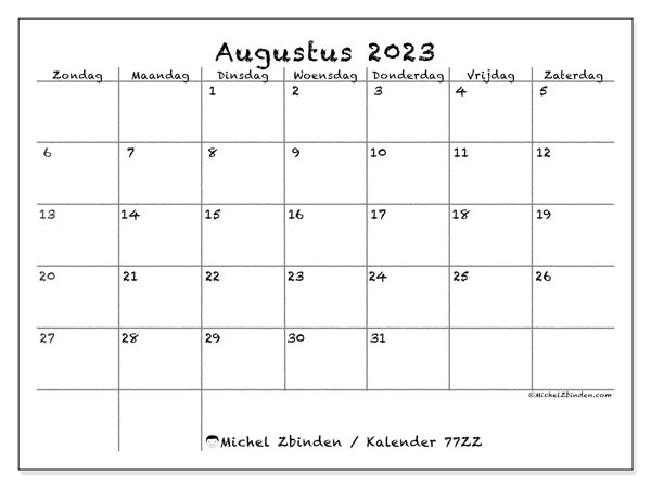 Kalender augustus 2023, 77ZZ. Gratis afdrukbaar programma.