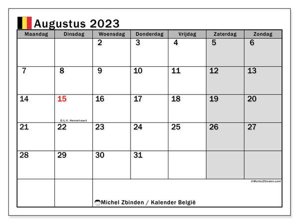 Kalender augusti 2023, Belgien (NL). Schema för gratis utskrift.