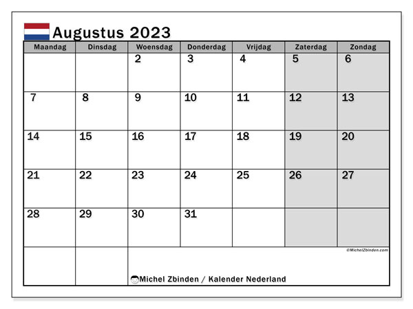 Kalenteri elokuu 2023, Alankomaat (NL). Ilmainen tulostettava ohjelma.