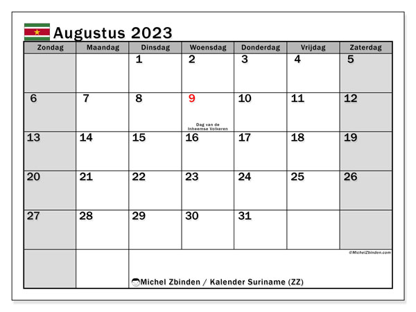 Kalender om af te drukken, augustus 2023, Suriname (ZZ)