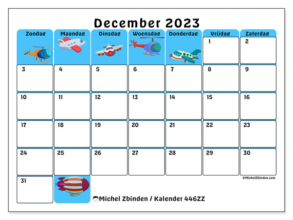 Kalender december 2023, 446ZZ. Gratis afdrukbare kalender.