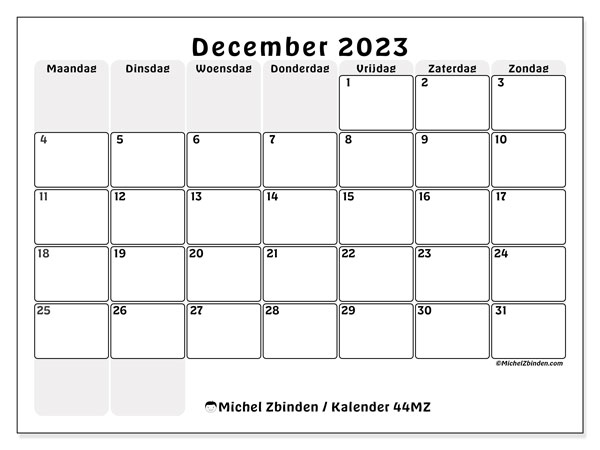 Kalender december 2023, 44MZ. Gratis afdrukbare kalender.