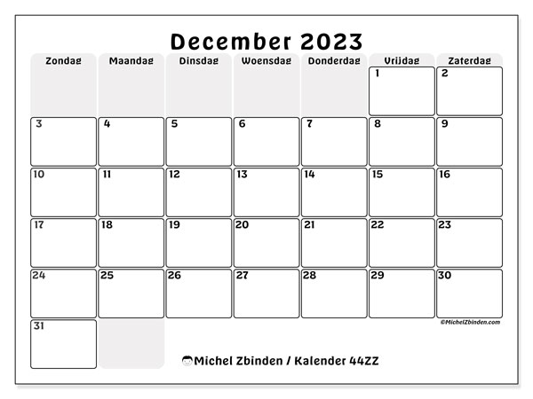 Kalender december 2023, 44ZZ. Gratis afdrukbare kalender.