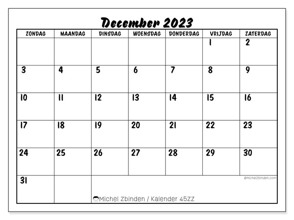 Kalender december 2023, 45ZZ. Gratis afdrukbare kalender.