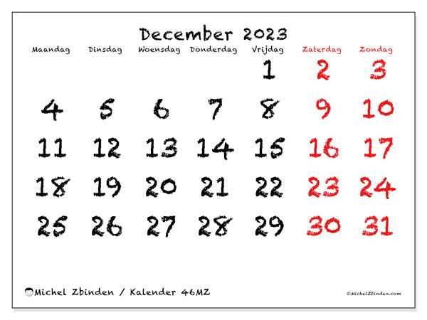 Kalender december 2023 om af te drukken. Maandkalender “46MZ” en agenda om gratis te printen