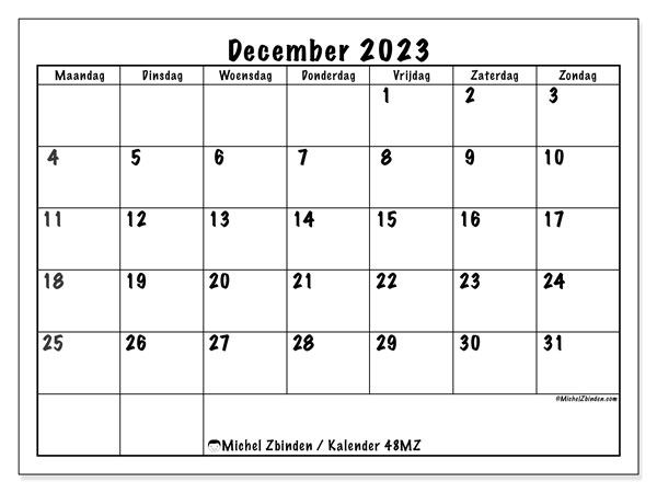 Kalender december 2023 om af te drukken. Maandkalender “48MZ” en gratis printbare planning