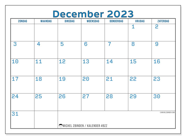 Kalender om af te drukken, december 2023, 49ZZ