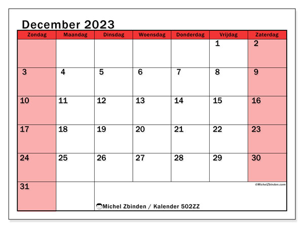 Kalender december 2023 “502”. Gratis af te drukken agenda.. Zondag tot zaterdag