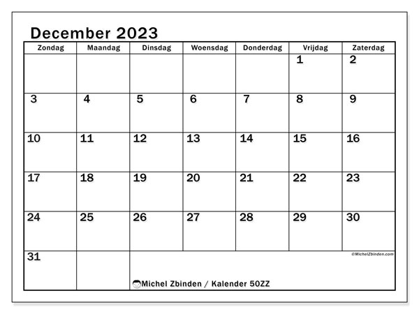 Kalender december 2023 “50”. Gratis af te drukken agenda.. Zondag tot zaterdag