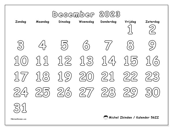 Kalender december 2023 om af te drukken. Maandkalender “56ZZ” en gratis printbare schema