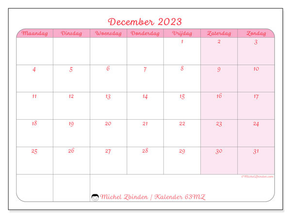 Kalender december 2023 om af te drukken. Maandkalender “63MZ” en schema om gratis te printen