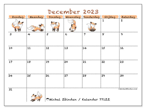 Kalender december 2023, 771ZZ. Gratis afdrukbare kalender.