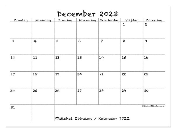 Kalender december 2023 om af te drukken. Maandkalender “77ZZ” en gratis afdrukbare agenda