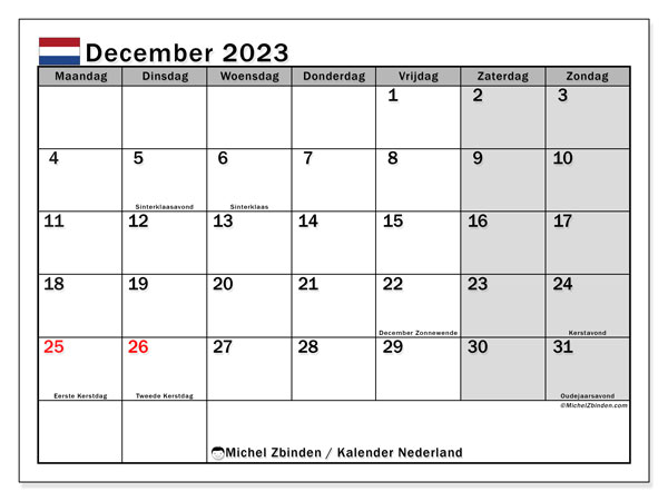 Calendrier décembre 2023, Pays-Bas (NL), prêt à imprimer et gratuit.