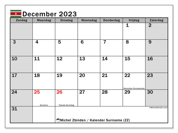 Suriname (ZZ), kalender december 2023, om af te drukken, gratis.