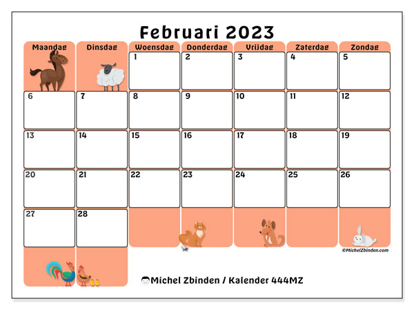 Kalender februari 2023 om af te drukken. Maandkalender “444MZ” en gratis afdrukbare agenda