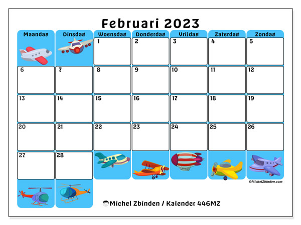Kalender februari 2023 om af te drukken. Maandkalender “446MZ” en agenda om gratis af te drukken