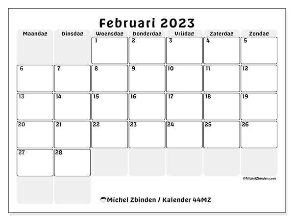 Kalender februari 2023 om af te drukken. Maandkalender “44MZ” en agenda om gratis te printen