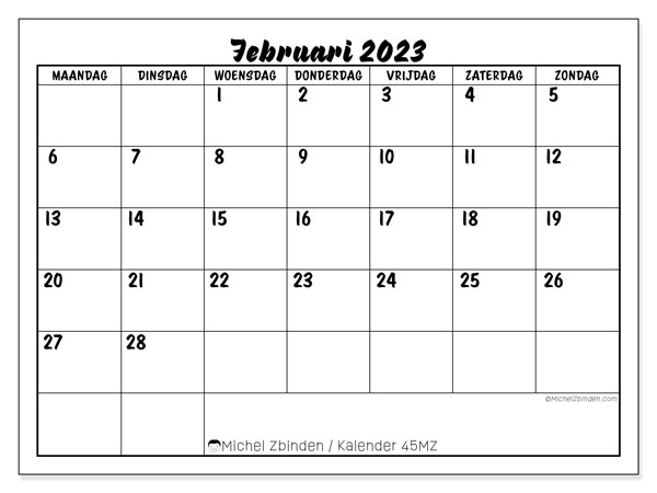 45MZ, kalender februari 2023, om af te drukken, gratis.