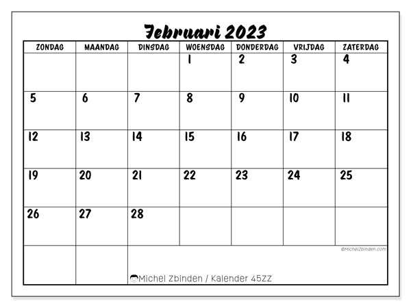 Kalender om af te drukken, februari 2023, 45ZZ