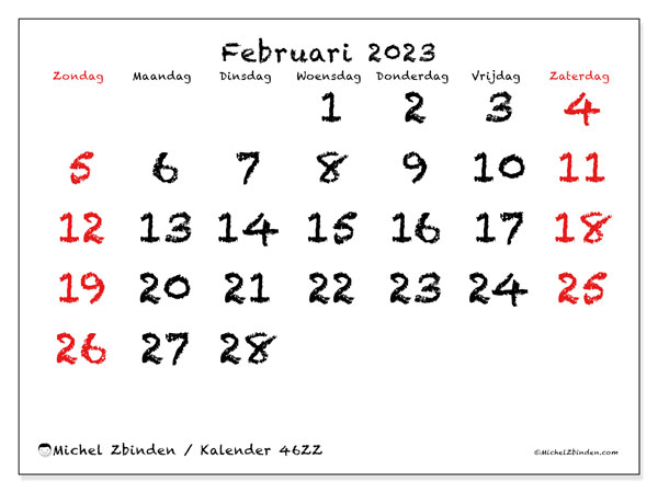 Kalender februari 2023 om af te drukken. Maandkalender “46ZZ” en gratis afdrukbare agenda