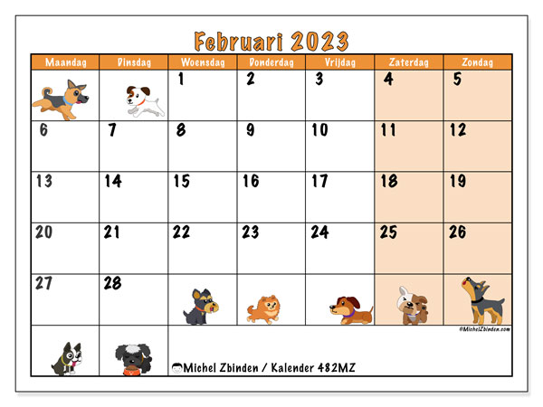 Kalender februari 2023 om af te drukken. Maandkalender “482MZ” en gratis afdrukbare schema