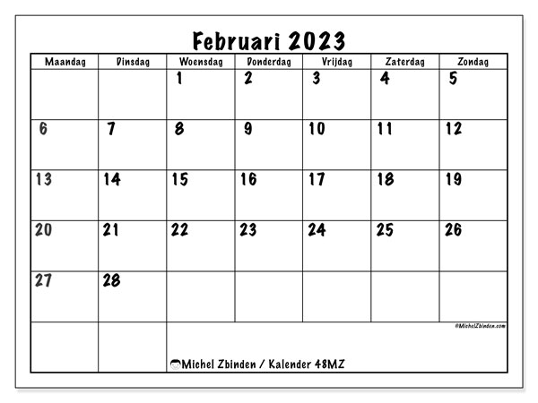 Kalender februari 2023 om af te drukken. Maandkalender “48MZ” en agenda om gratis af te drukken