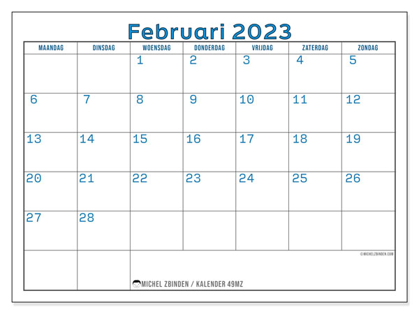 Kalender om af te drukken, februari 2023, 49MZ