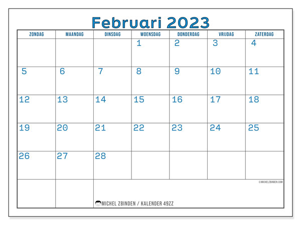 Kalender om af te drukken, februari 2023, 49ZZ