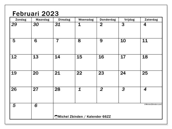 Kalender februari 2023 om af te drukken. Maandkalender “501ZZ” en gratis printbare planning