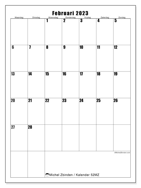 Kalender om af te drukken, februari 2023, 52MZ