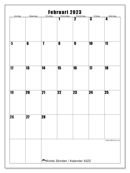 Kalender om af te drukken, februari 2023, 52ZZ