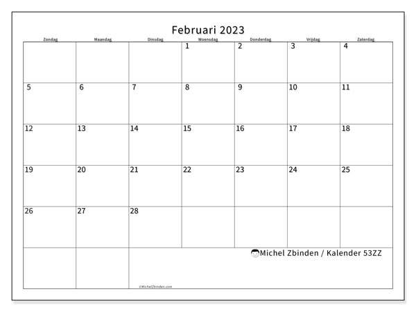 Kalender om af te drukken, februari 2023, 53ZZ