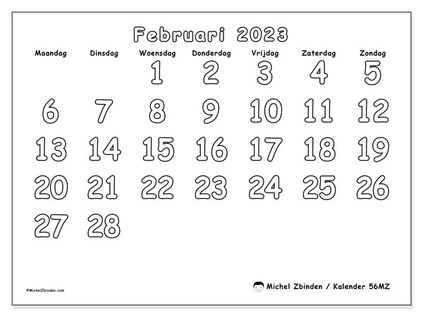 Kalender februari 2023 om af te drukken. Maandkalender “56MZ” en gratis afdrukbare planning