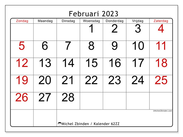Kalender om af te drukken, februari 2023, 62ZZ