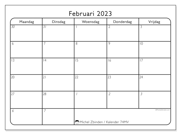 Kalender om af te drukken, februari 2023, 74ZZ