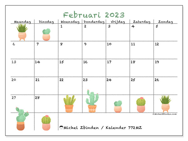 Kalender februari 2023 om af te drukken. Maandkalender “772MZ” en agenda om gratis af te drukken