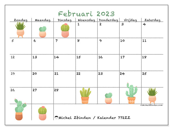 Kalender om af te drukken, februari 2023, 772ZZ