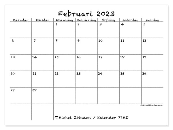 77MZ, kalender februari 2023, om af te drukken, gratis.
